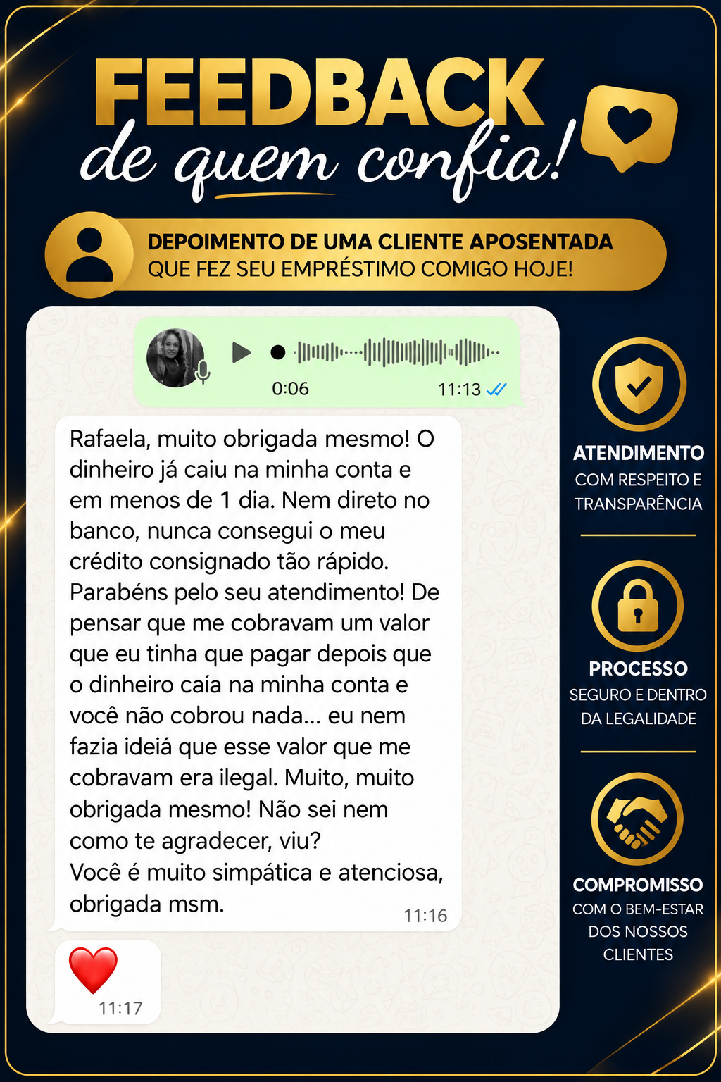 Depoimento real recebido pela Rafa, apresentado na arte original azul-marinho e dourada
